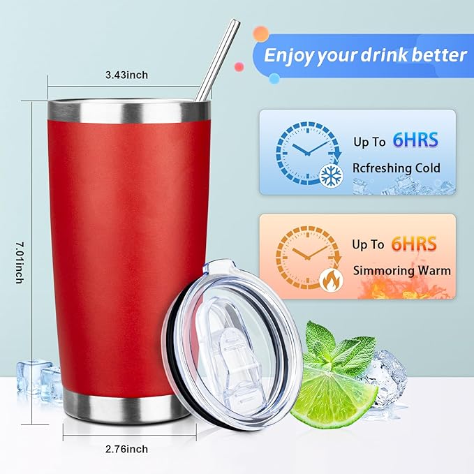 20oz Tumbler with Straw and Brush, Stainless Steel Vacuum Insulated tumbler, Double Wall Insulated Coffee Tumbler for Outdoor, Home, Travel,Office (Bright Red,8pcs)