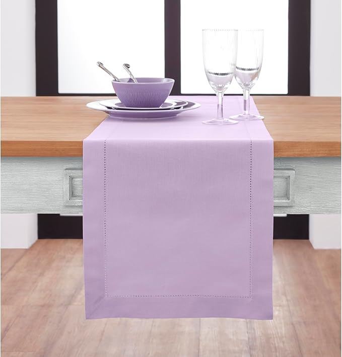 Solino Home Cotton Linen Table Runner 120 Inches Long - Hemstitch Lavender Ice Dining Table Runner 14 x 120 Inch for Spring, Summer
