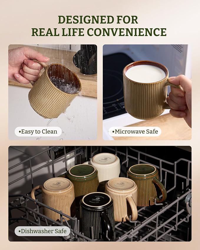 famiware Coffee Mug Set for 4, Star 12 oz Catering Mugs Cup Set with Handle for Coffee, Tea, Cocoa, Milk - Ceramic Stoneware Drinkware Set, Cream Cocoa