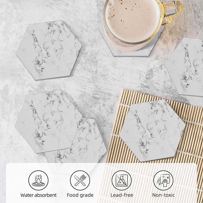 White Marble Drinks Coasters Absorbent Stone with Holder Set of 6, Abstract Luxury ModernWhite Grey/Gray Marble Hexagon Ceramic Coaster for Coffee Table Protection (Hexagonal)