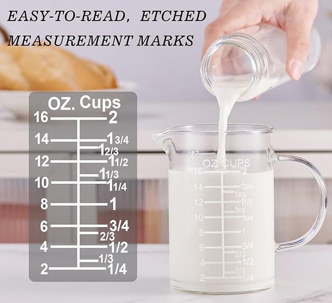 Ackers Etched Graduated Glass Measuring Cup - [Insulated Handle | V-Shaped Spout] - High Borosilicate Glass Measuring Cup for Kitchen or Dining, Easy to Read, 500 ML (16 Oz, 2 Cup)