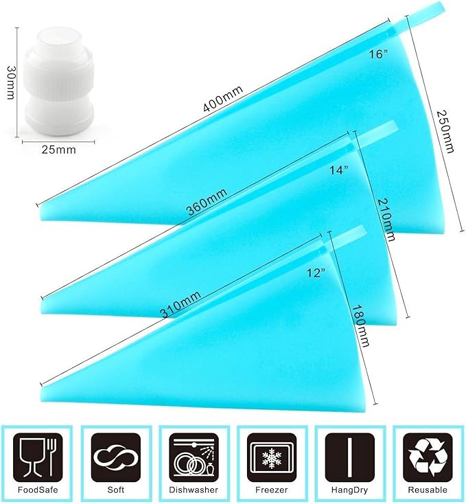 Silicone Pastry Bags, Weetiee 3 Sizes Reusable Icing Piping Bags Baking Cookie Cake Decorating Bags (12’’+14’’+16’’)- 6 Pack - Bonus 6 Icing Couplers Fit to Wilton Standard Size Tips