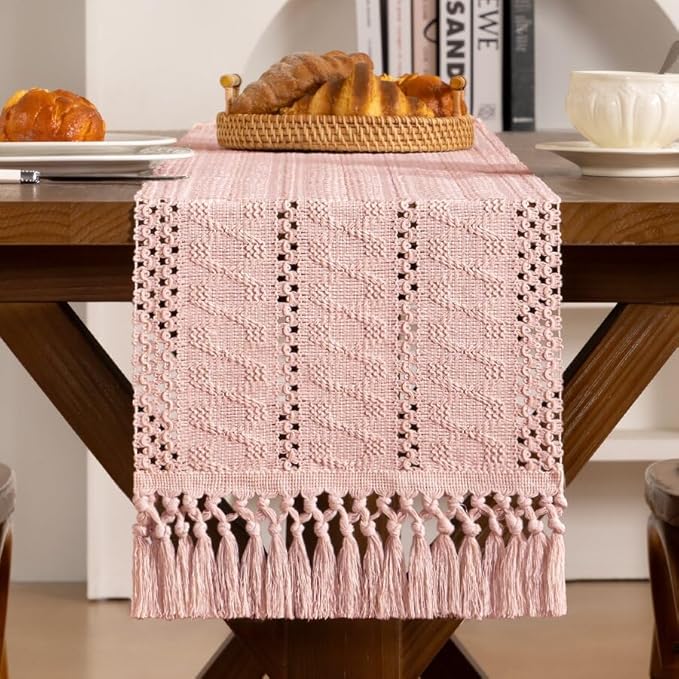 Boho Woven Cotton Linen Table Runner 11"x48" with Tassels Pink Rustic Macrame Farmhouse Table Runner Summer Decor for Summer Dining Room Wedding Kitchen Party