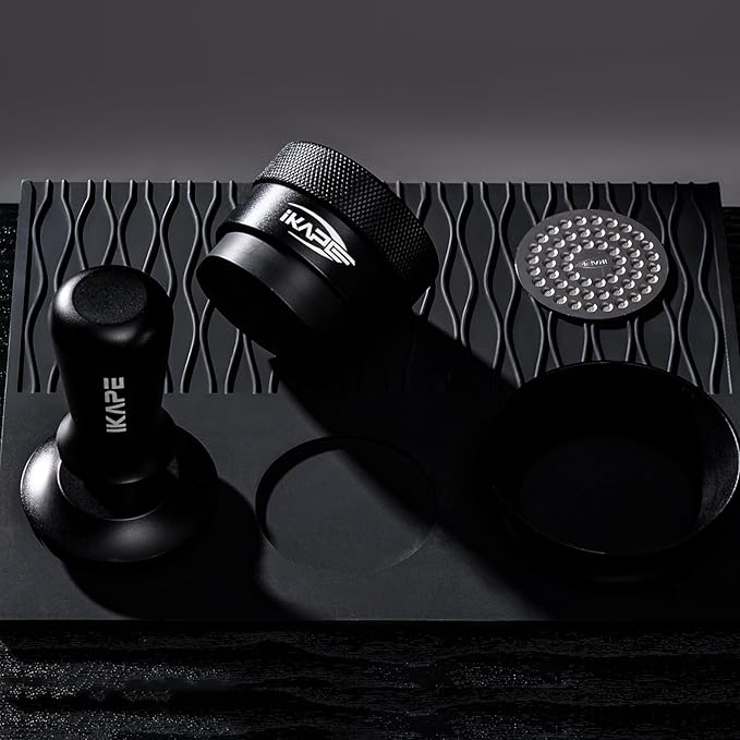 IKAPE 58MM Coffee Tamper Set Black 6 IN 1, Espresso Tool Kit for Making Perfect Shots – Tamper, Distributor, Funnel, Mat, Screen, and Towel