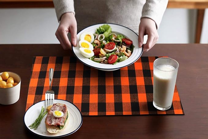 Urban Villa Halloween Placemats for Dining Table 100% Cotton Placemats 14''x20'' Over Sized Tablemats Set of 6 Placemats Orange/Black Color Buffalo Check Tablemats for Dinners Wedding PartiesPlacemats