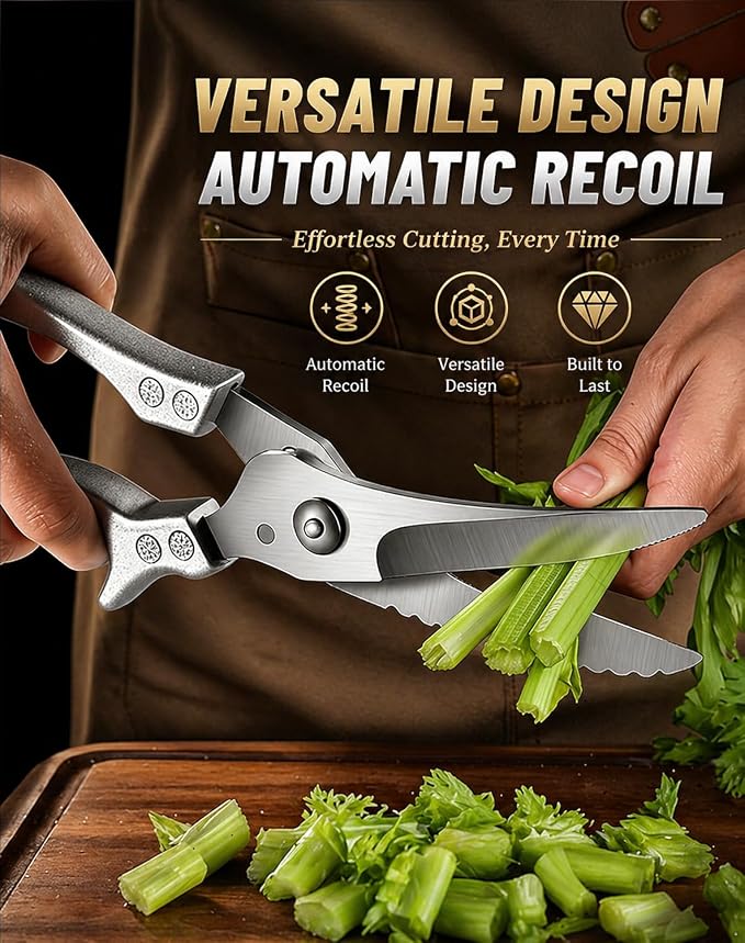 Stainless Steel Bone-Cut Kitchen Scissors, Heavy Duty Kitchen Scissors for Bone Cutting, Poultry Shears with Spring Loaded Handle, Multi-Function Snips for Chicken, Meat, Fish, Vegetables (Style A)