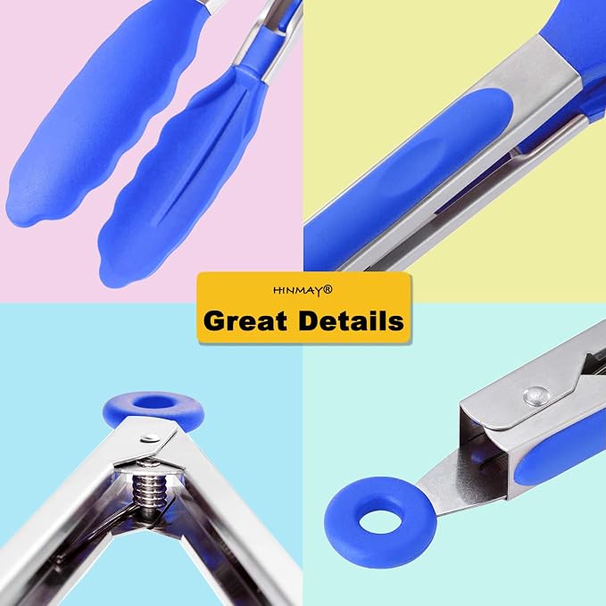 HINMAY 9-Inch Cooking Tongs with Silicone Tips, Set of 3 (Blue)