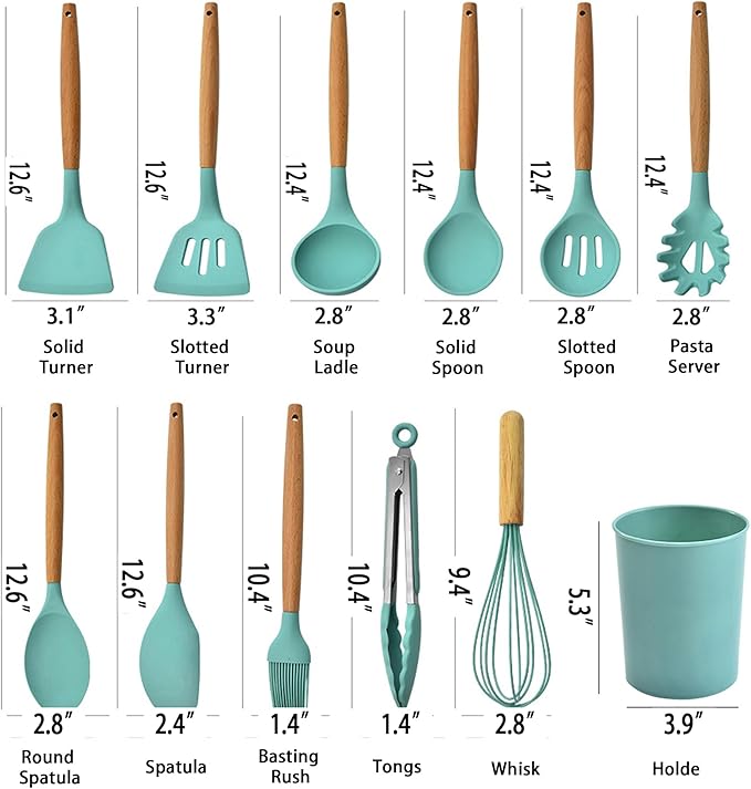 Silicone Kitchen Cooking Utensils Set,12 pcs Non-stick Silicone Kitchen Utensils Set 446°F Heat Resistant, BPA Free, Stirring cooking Set Spatula Turner Spoon Tongs Whisk(Dark Green)