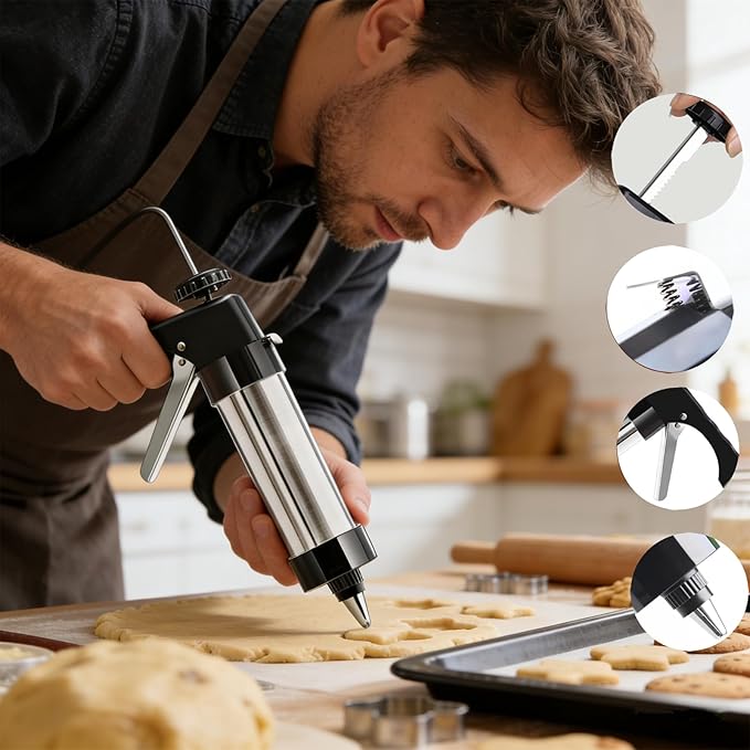 Stainless Steel Cookie Press Gun Kit with 13 Discs & 8 Piping Tips, Easy-to-Use Biscuit & Icing Gun for Baking and Cake Decorating, Perfect for DIY Christmas Cookies and Pastries.