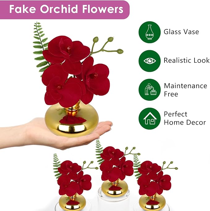 Oairse Red Orchids Artificial Flowers Faux Orchids Arrangement in Gold Glass Vases Set of 3 Real Touch Phalaenopsis Orchid Flowers Small Fake Orchid Centerpiece for Dining Room Table