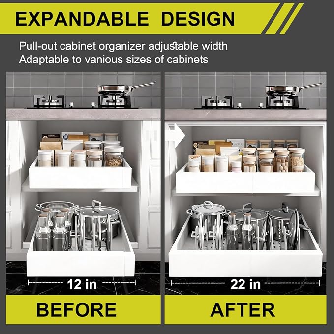 2-Pack Expandable Pull Out Cabinet Organizer 21" Deep with 3 Slide Rails, Adjustable Width (12"-22") Drawer Organizer for Kitchen Pantry Base Cabinets, Fixed with Roll Out Shelves Adhesive, White