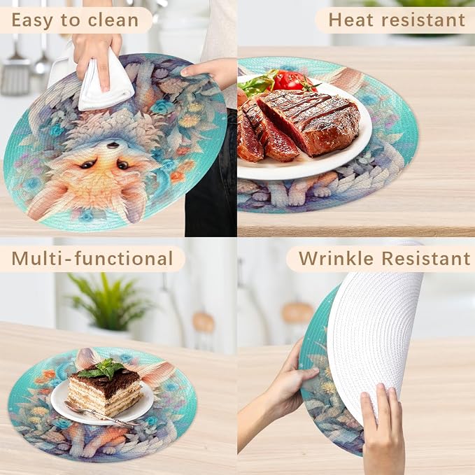 Round Placemats Set of 4, Watercolor Cute Animal Fox Flowers Woven Placemats Mats Non-Slip Heat Resistant Washable Table Mats Round Braided Place for Farmhouse Kitchen Dining Party Decor 15in