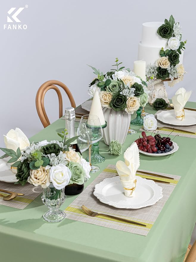 FANKO Artificial Flowers for DIY, Green White Cream Faux Flowers Bouquet, Fake Rose Silk Flowers for Vase, Home Decor, Garlands, Greenery-Themed Wedding, Party, Housewarming