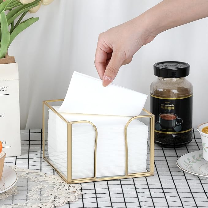Sumnacon Glass Napkin Holder for Table, Stylish Cocktail Napkin Holder,Modern Napkin Holders for Paper Napkins,Gold Napkin Holders for Kitchen Dining Table Party Restaurant Bar
