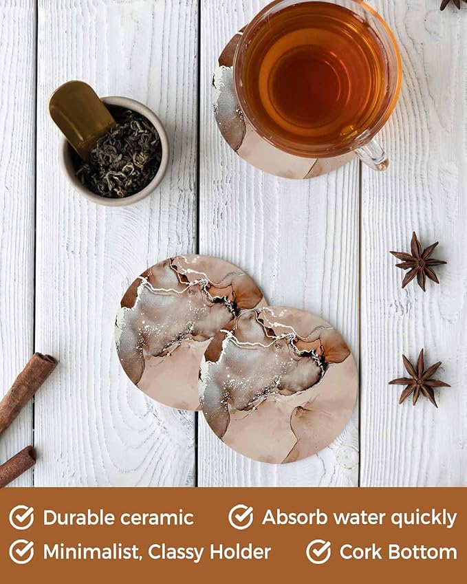 Coasters Set of 8 Brown Marble Drink Coasters with Holder Absorbent Stone Ceramic Cup Mat Abstract Waves Cloud Coaster for Drinks Coffee Bar Office Kitchen Cafe Home Table Decor