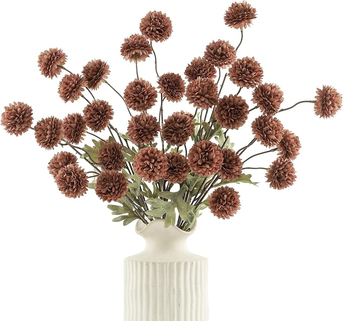 DuHouse 6pcs Artificial Flowers Faux Silk Pompon Mum,Silk Small Mini Chrysanthemum Ball with Stems for DIY Bouquets Centerpieces Vase Home Table Kitchen Decorations(Mocha Brown)