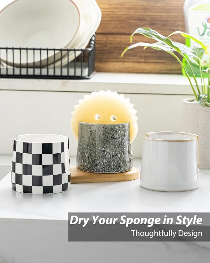 Zoeeker Kitchen Sponge Holder, Ceramic Dish Sponge Holder Scrubby Daddy Farmhouse Dish Rack Brush Holder for Bathroom, Kitchen, Sink, Special Gray