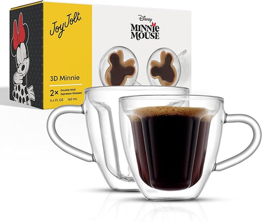 JoyJolt Disney Minnie Mouse 3D Double Wall Espresso Glasses, 5.4oz Small Glass Mugs with Handles, Coffee Cups Set of 2, Insulated Clear Glasses for Double Shot Espresso Cappuccino Tea, Disney Gifts