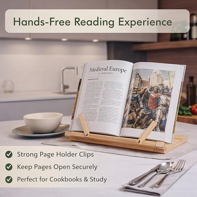 Gerrii Wooden Book Stand with Page Holder Clips Adjustable Foldable Reading Stand for Cookbooks Recipes Textbooks Bible Documents Tablet Solid Pine Wood Hands-Free Set Book Holder for Counter Desk