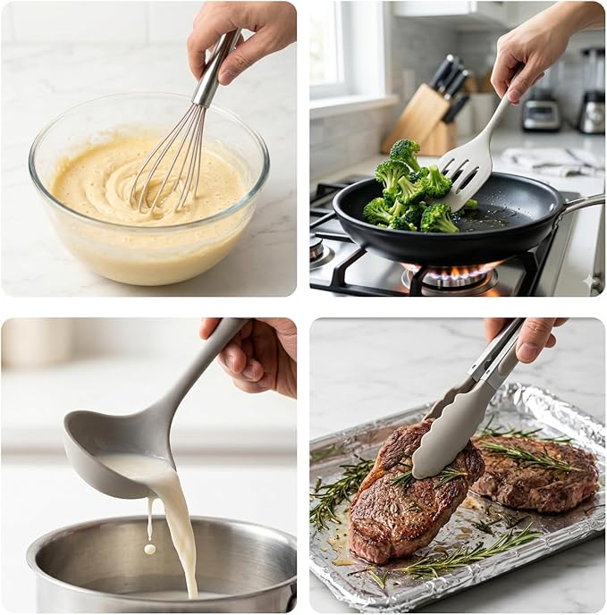 Silicone Kitchen Utensils Set,10 PCS Cooking Kitchen Utensils Set, Nonstick Kitchen Utensils 446°F Heat-Resistant Cookware Kitchen Tools of Spoon,Brush,Whisk,Spatula,Turner Tongs(Khaki)