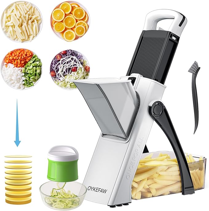 Safe Mandoline Slicer for Kitchen, 6 in 1 Vegetable Chopper, Zucchini Spiralizer，French Fry Cutter For Potatoes, Potato Slicer,Food Chopper,Adjustable Thickness 0.1-8 mm, With Peeler (BLACK+green)
