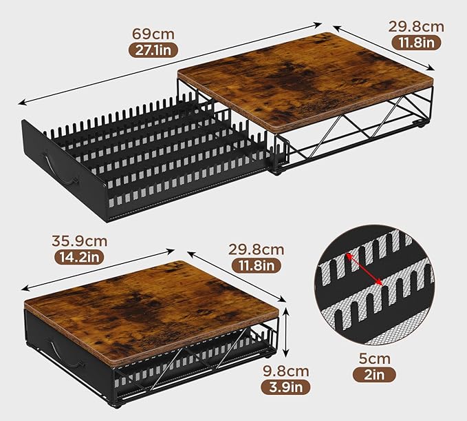 HFHOME Vertuo Pod Holder, Compatible for Nespresso Vertuoline 40 Big or 60 Small Capsules, Wooden Top and Mesh Shelves, Kitchen Counter Coffee Bar Station Organizer with Sliding Drawer, Rustic Brown