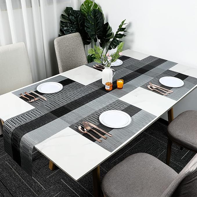 Placemats, Washable PVC Table Mats, Woven Vinyl Placemat for Dining Table Place Mats Set (6 Placemats and 1 Table Runner, Black and Grey)