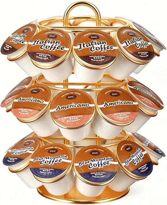 K Cup Holder, Carousel Coffee Pod Holder Compatible with 27 K Cup, Spins 360-Degrees, 3 Tier K Cup Organizer for Kitchen Counter — Home or Office Storage, Anti-Slip Base, No Assembly, Gold