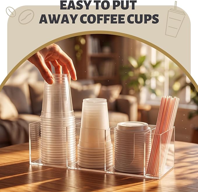 Novabright 4 Compartments Coffee Cup Holder for Countertop Cup Lid and Straw Dispenser Coffee Station Organizer Bar Accessories for Breakroom Restaurant, 15.3 x 4.7 x 4 (Clear,Acrylic)