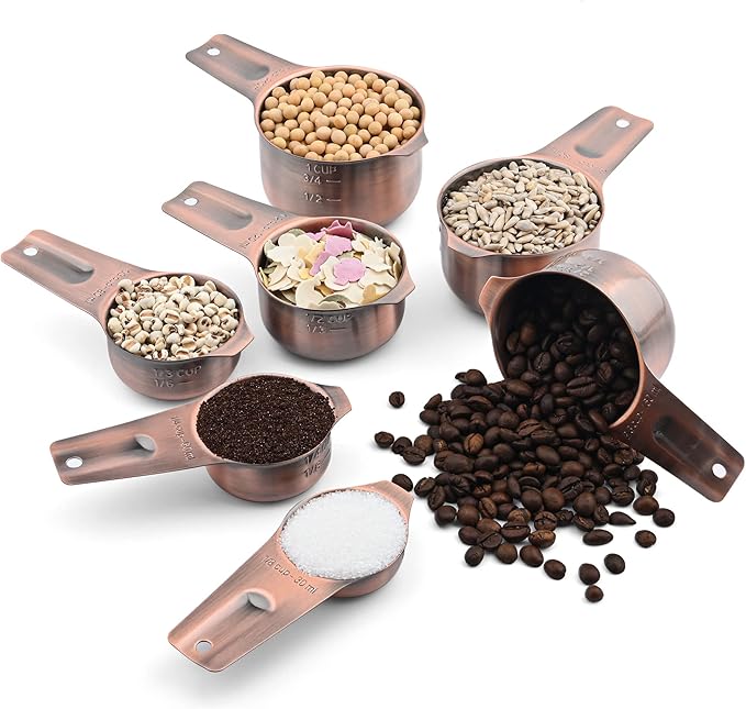 Copper Measuring Cups Set 7, Metric & US Stainless Steel Measuring Cups for Kitchen & Baking, Metal Measure Cups for Dry & Liquid, Nesting Measuring Cup Set with 1/8 2/3 & 3/4 Cups