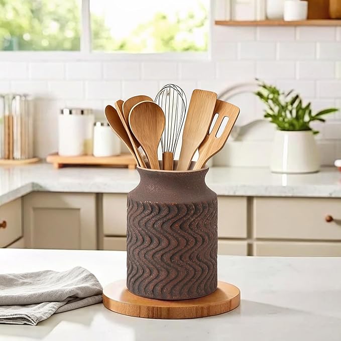 Farmhouse Ceramic Farmhouse Kitchen Utensil Holder for Countertop, Rustic Cooking Utensil Holder Crock Fit for Kitchen Counter