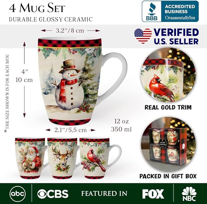 OrnamentallyYou Coffee Mug Holiday Kitchen Drinkware, Multiple Designs Available (Festive Country Plaid Set of 4 Ceramic Mugs)
