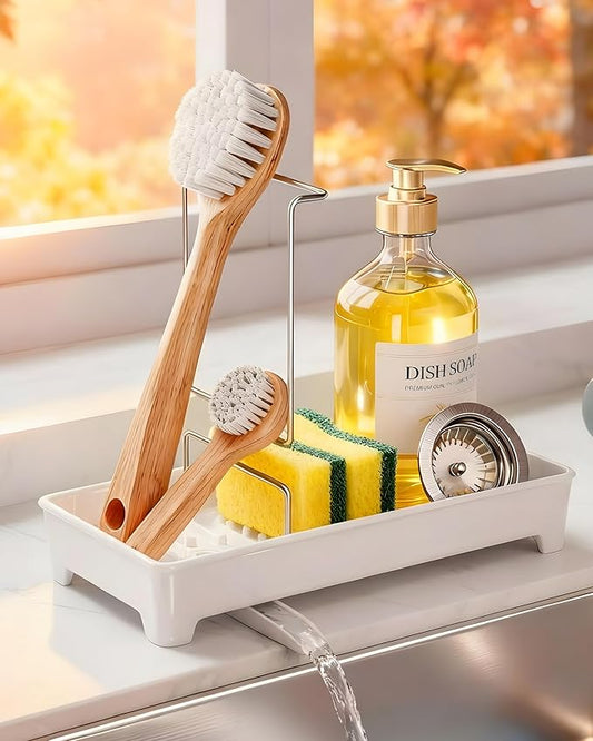 Plastic Sink Caddy, Rustproof Sponge Holder for Kitchen Sink with 304 Stainless-Steel Brush Holder, Countertop Rack Organizer with Raised Ridges & Silicone Drain Tube (Cream White, Large)