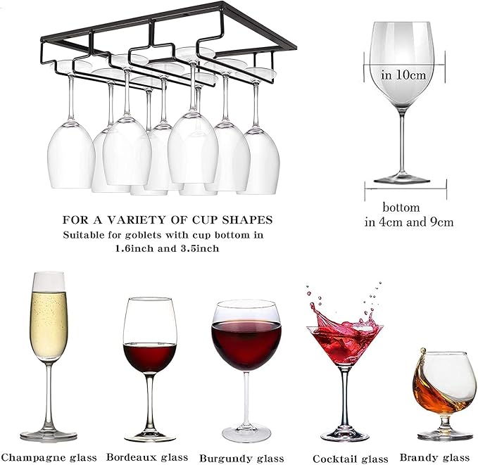 Wine Cup Holder Table Decoration Storage Hanger Metal Organizer for Bar Kitchen Stemware Rack Under Cabinet Stainless Steel Hanger Storage Shelf Black (Black, 3 Rows 1 Pack)