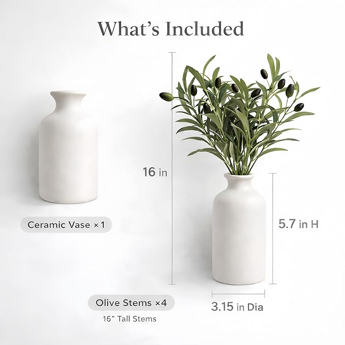 Artificial Olive Branches in Vase, 4 Pcs Faux Olive Stems with Olives 16", Matte White Ceramic Vase 5.7", Farmhouse Dining Table Centerpiece, Kitchen Table Decor