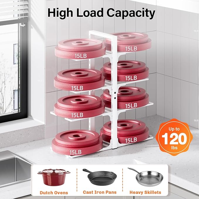MUDEELA 8-Tier Pots and Pans Organizer under Cabinet, Heavy Duty Adjustable Pot Pan Organizers inside Cabinet, Kitchen Cabinet Organizers and Storage Pot Rack for Big Stockpots, Heavy Cookware, White