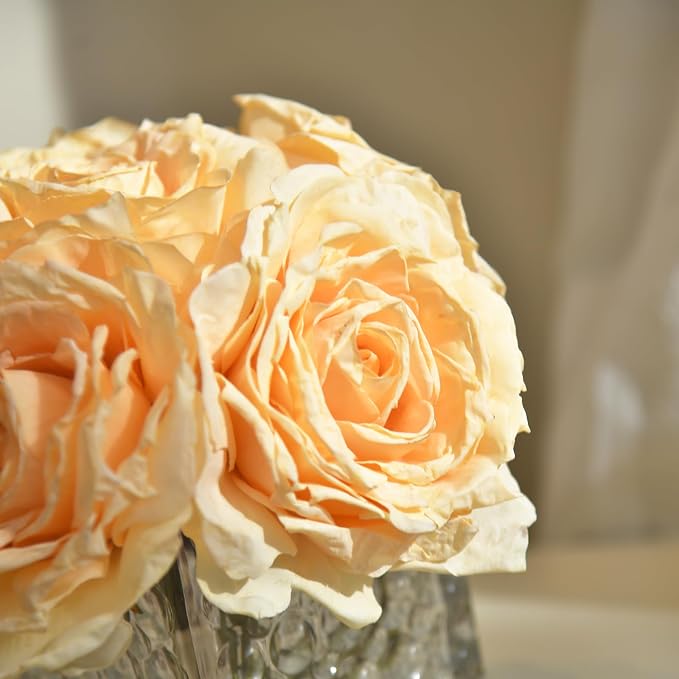 Artificial Rose in Glass Vase Vintage Silk Flower Arrangement with LED Light for Table Centerpiece Home Wedding Decoration (Champagne)