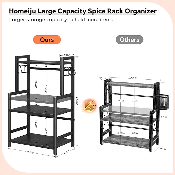 Kitchen Countertop Organizer, 3 Tier Large Spice Rack Organizer with Adjustable Shelf and 5 Hooks, Wooden Counter Organizer, Space Saving Countertop Shelf Microwave Stand for Kitchen,Coffee Bar,Black
