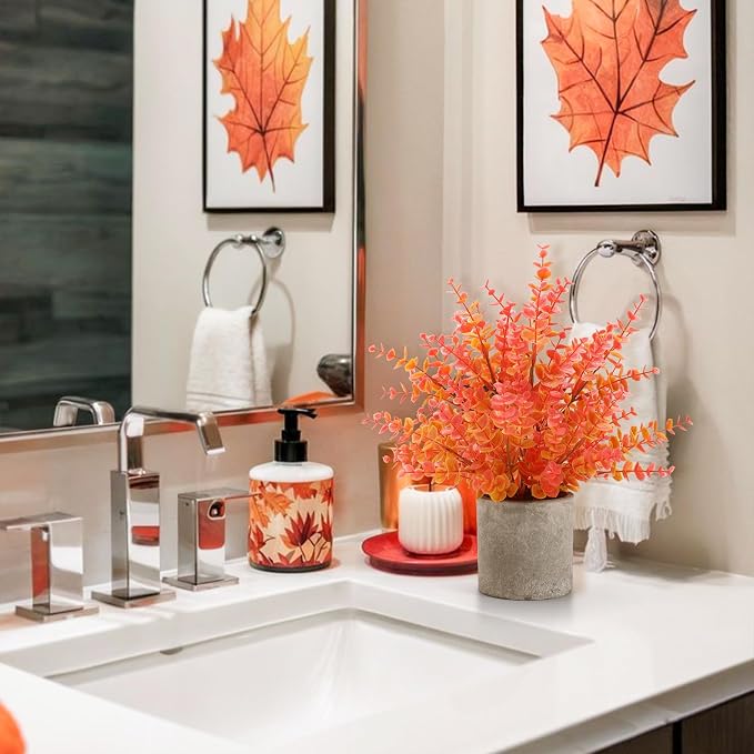 Coferset 2 Pack Fall Small Fake Plants 14" Eucalyptus Potted Artificial Plants Fall Decorations for Home Shelf Office Bathroom Desk Farmhouse Room Coffee Table Decor Fall Decor (Fall Orange-Large)