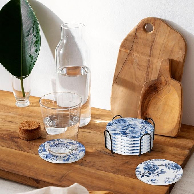 Coaster for Drinks Set of 6, Blue Vintage Spanish Ceramic Floral Absorbent Round Ceramic Stone Mat, with Cork Base and Metal Holder, Gift for Housewarming Room Bar Decor (Vintage Blue Floral-8)