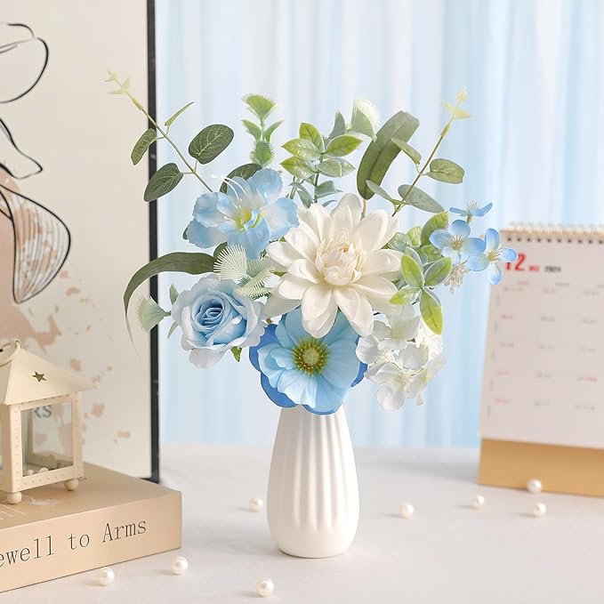 Small 11.8" Artificial Flowers in Ceramic Vase - Blue Silk Flower Centerpiece for Dining Table, Office, Wedding & Farmhouse, Home Decor Gifts