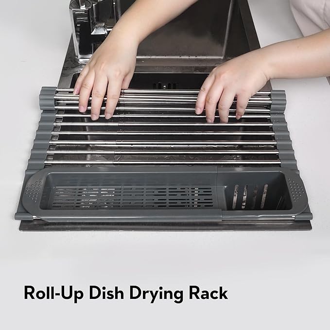 Roll Up Dish Drying Rack Over The Sink, 304 Stainless Stee Dish Drainer, Foldable & Adjustable Sink Drying Rack for Kitchen Sink Counter with Utensil Holder (Gray, Expandable)