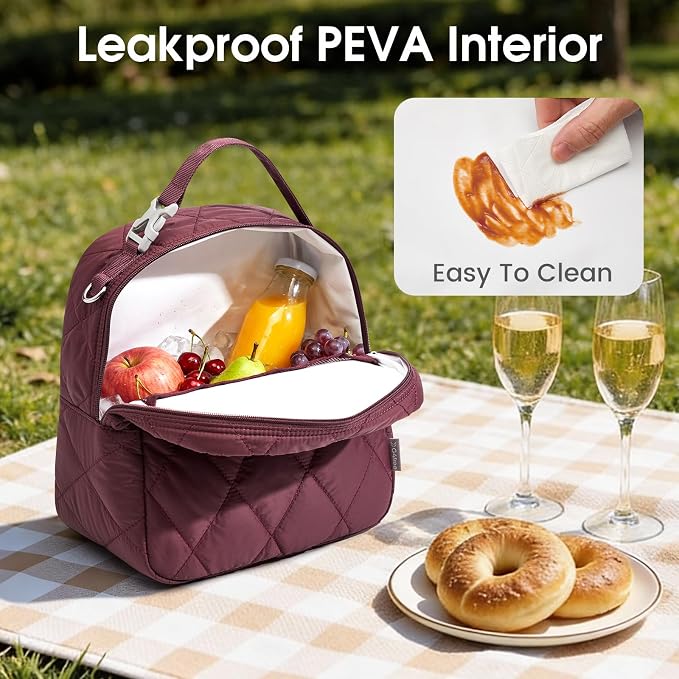 G4Free Large Insulated Lunch Bag, Leakproof Quilted Lunch Box Women Men, Reusable Puffer Lunch Bag For Work Picnic Travel, Dark Red