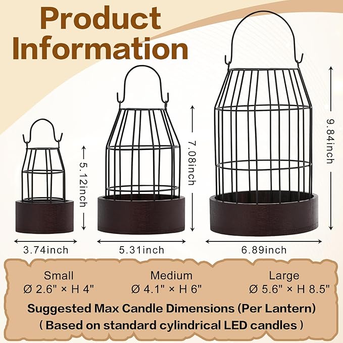 Rustic Farmhouse Lantern Decoration Set of 3, Modern Decorative Lanterns Indoor Outdoor, Metal Candle Holders for Porch Patio Fireplace Mantle Dining Room Table(Dark Brown, Black)