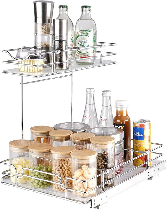 VEVOR 2 Tier Pull Out Cabinet Organizer, 12"W x 17"D Slide Out Pantry Shelves, Sliding Drawer Storage, Chrome-Plated Steel Heavy Duty Roll-out Drawers, for Inside Kitchen Cabinet, Bathroom, Under Sink