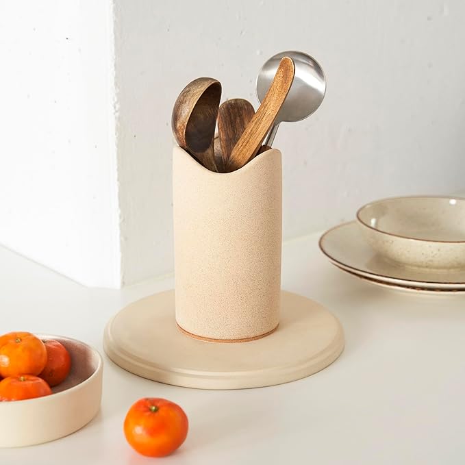 Amarcado Ceramic Utensil Holder for Kitchen Counter - Spatula Holder - Countertop Crock for Holding Utensils with Cork Bottom