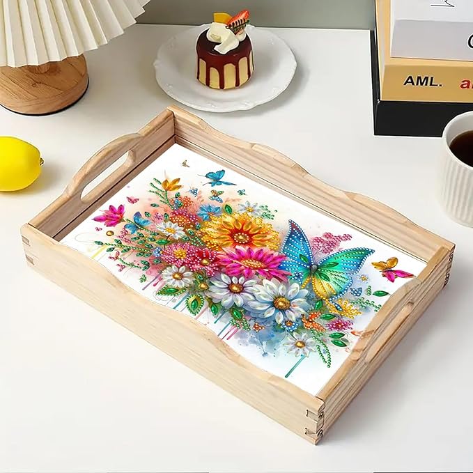 DIY Diamond Art Painting Serving Tray Creative Design Handmade Wooden Rectangular Snack Tray Dinner Plate Drill Craft for Coffee Living Room Home Organizer-Butterfly