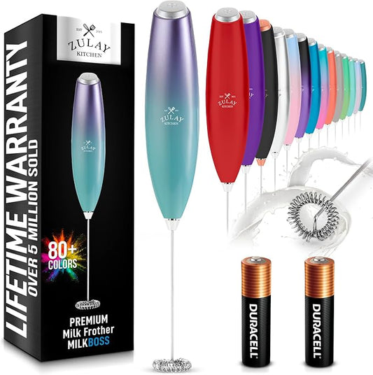 Zulay Powerful Milk Frother for Coffee with Upgraded Titanium Motor - Handheld Electric Whisk, Milk Foamer, Mini Mixer & Coffee Blender for Frappe, Latte, Matcha, No Stand - Faded Purple