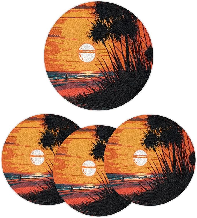Round Placemats Set of 4, Summer Beach Sunrise Trees Woven Placemats Mats Non-Slip Heat Resistant Washable Table Mats Round Braided Place for Farmhouse Kitchen Dining Party Decor 15in