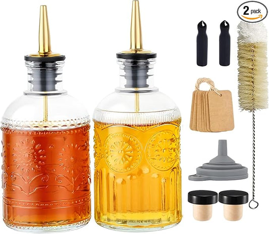 Simple Syrup Bottles Set of 2, Glass Coffee Syrup Dispenser Bottles 7 OZ With Metal Pour Spout, Labels and Stopper, Glass Syrup Dispenser for Maple Honey Syrup Oil and Sauces, LC002